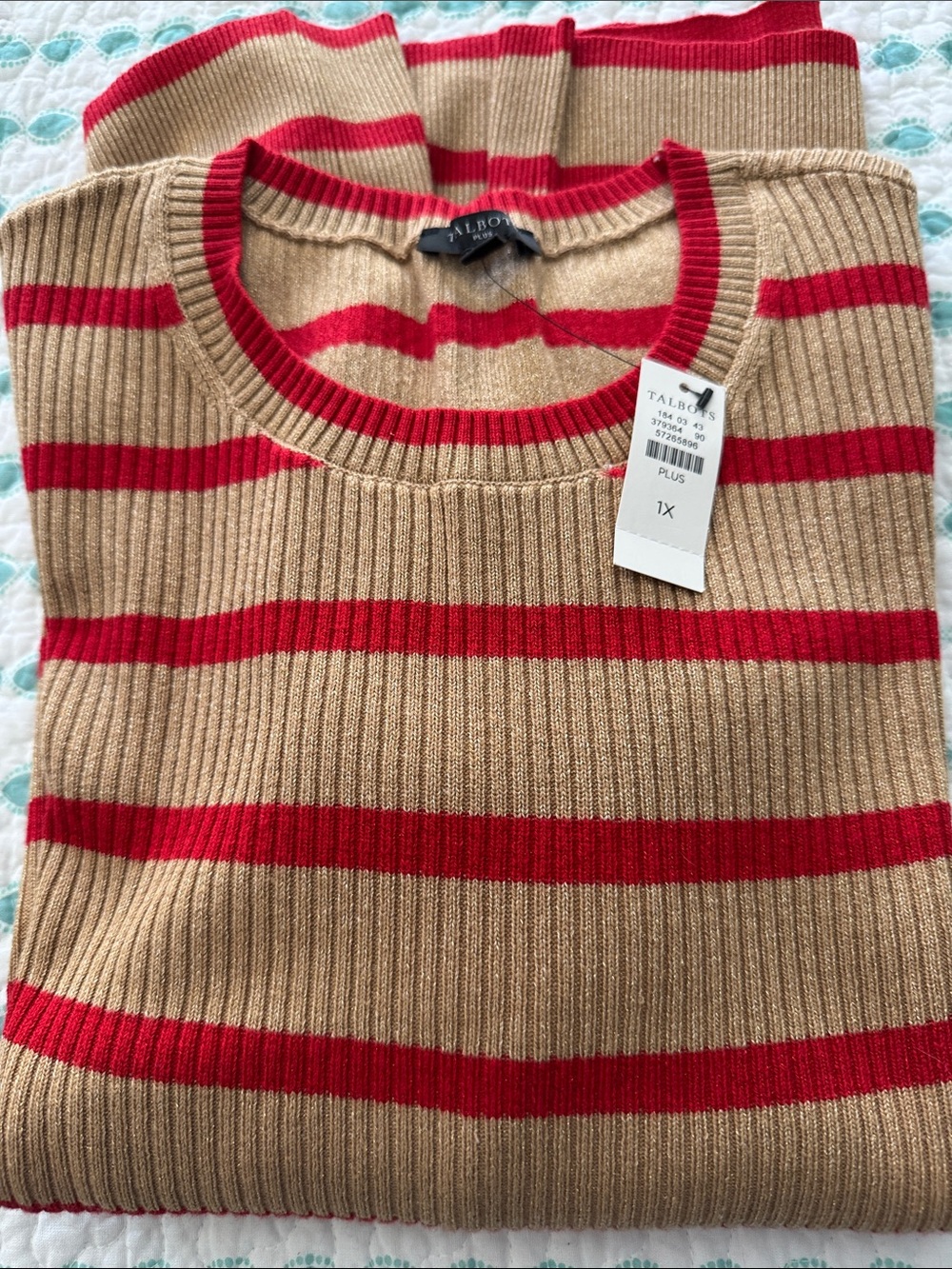 Talbots Tan and Red Striped Ribbed Crewneck Sweater